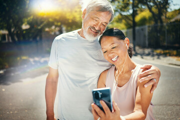 Couple, smile and break from run for social media, meme and funny joke in street, humor and comedy. Happy senior people, retirement and fitness for health, laughing and earphones for smartphone