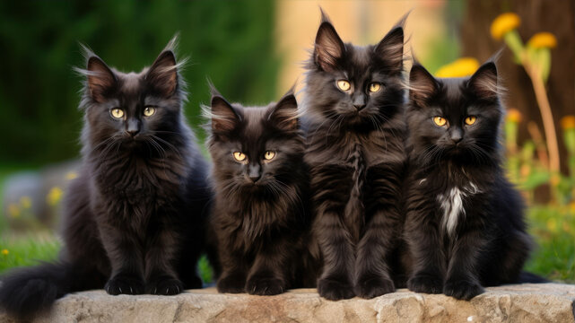 Group of black fluffy cats with yellow eyes sitting on stone in garden