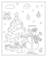Coloring page of a decorated Christmas tree with gifts. Vector black and white illustration on white background.