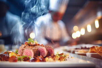 Obraz na płótnie Canvas Close up of gorgeous meat dish in background of blurred chef making food in professional modern kitchen and bokeh lights. Working concept cooks and craftsmen.
