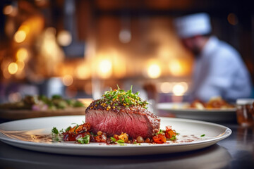 Close up of gorgeous meat dish in background of blurred chef making food in professional modern...