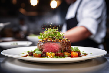 Close up of gorgeous meat dish in background of blurred chef making food in professional modern kitchen and bokeh lights. Working concept cooks and craftsmen. - obrazy, fototapety, plakaty