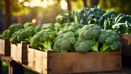 Fresh broccoli in a wooden box on the background of green field. - obrazy, fototapety, plakaty