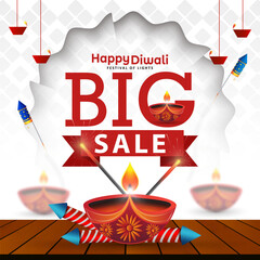 Happy Diwali big sale banner design template with diya oil lamp and crackers.