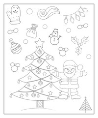 Coloring page of a decorated Christmas tree with gifts. Vector black and white illustration on white background.