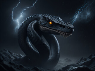 Obraz premium Night gloomy landscape with a cobra. Fantastic, snake. AI