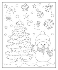 Coloring page of a decorated Christmas tree with gifts. Vector black and white illustration on white background.