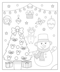 Coloring page of a decorated Christmas tree with gifts. Vector black and white illustration on white background.