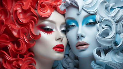 Modeporträt schöner Frauen mit roten und blauen Haaren.