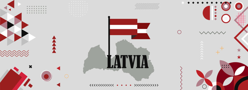 Map and flag of Latvia for national or independance day banner with raised hands or fists., flag colors theme background and geometric abstract retro modern colorfull design 