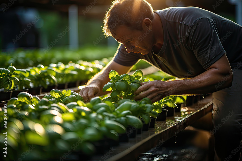 Wall mural asian man harvesting fresh vegetable from farm