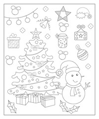 Coloring page of a decorated Christmas tree with gifts. Vector black and white illustration on white background.