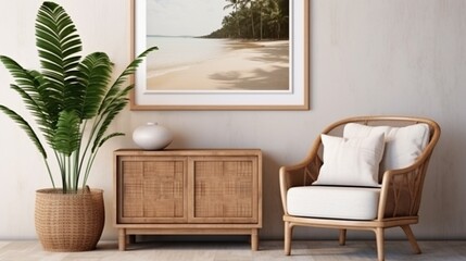 Stylish interior design of living room with wooden retro commode, chair, tropical plant in rattan pot, basket and elegant personal accessories. Mock up poster frame on the wall. Template. Home decor.