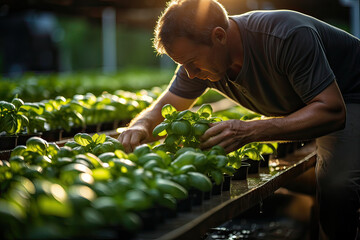 Asian man harvesting fresh vegetable from farm - obrazy, fototapety, plakaty