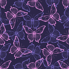 Pink and blue butterflies on a dark background. Seamless pattern of moths.