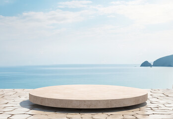 Fototapeta na wymiar mockup stone podium on the background of the sea for product demonstration