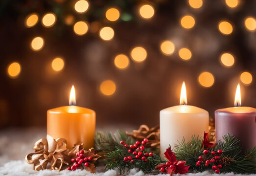 christmas decoration with candle and holly