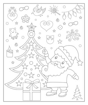 Coloring Page Of A Decorated Christmas Tree With Gifts. Vector Black And White Illustration On White Background.