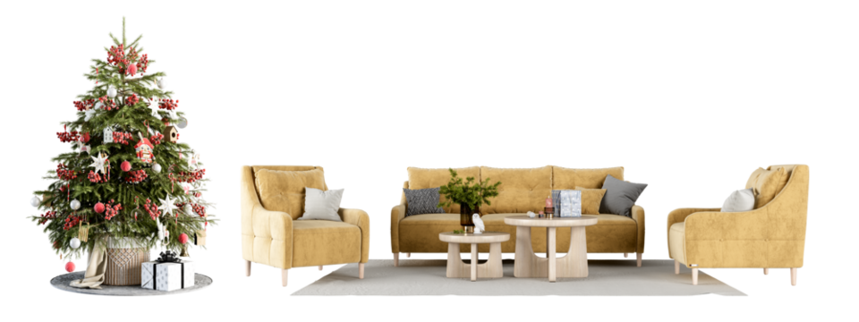 Christmas tree and table setting on white background