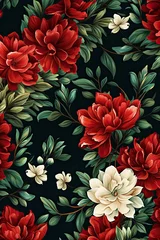 Tuinposter Red and Green Floral Digital Papers, Flower Backgrounds, Dark Floral Backgrounds © ChinnishaArts