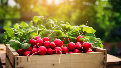Fresh radishes in a wooden box on a background of green leaves.