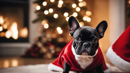 An adorable French bulldog in Christmas night.
This image is perfect for use in a variety of applications, including holiday greetings, social media posts, and marketing materials. - obrazy, fototapety, plakaty
