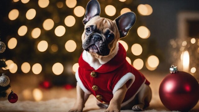 An adorable French bulldog in Christmas night.
This image is perfect for use in a variety of applications, including holiday greetings, social media posts, and marketing materials.