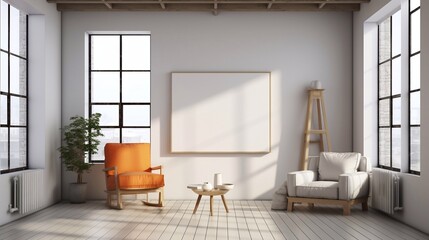 Interior of modern living room with white brick wall, sofa and coffee table Mock up poster. 3d rendering Generative AI