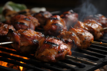 Close up Grilled Charred Chicken pork bbq on charcoal grill