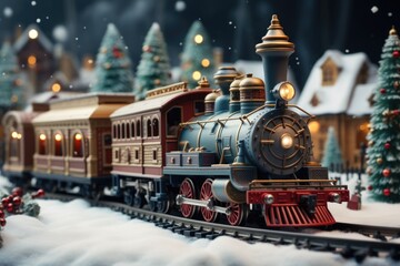 A vintage toy train chugging around a track beneath a miniature Christmas village. winter, new year, Christmas - obrazy, fototapety, plakaty
