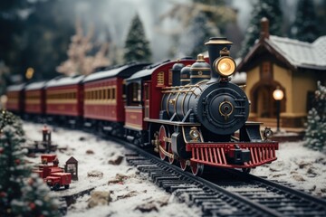 Toy Train Magic: A Vintage Locomotive Whistles Through a Mini Christmas Town. - obrazy, fototapety, plakaty
