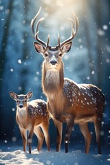 A snowy forest scene with a deer family cautiously exploring the tranquil landscape. winter, new year, Christmas.