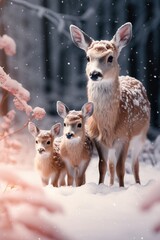 A snowy forest scene with a deer family cautiously exploring the tranquil landscape. winter, new year, Christmas.