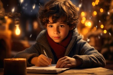 Fototapeta na wymiar Christmas Dreams: A Boy Puts His Wishes on Paper for Santa's Eyes, Bathed in Candlelight.