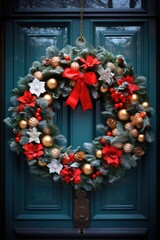Doorway Elegance: A Colorfully Crafted Wreath Hanging on the Front Door, Offering a Festive Welcome.