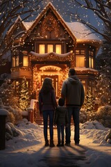 A family joyfully decorating the exterior of their house with holiday lights. winter, new year, Christmas.