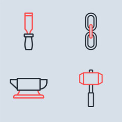 Set line Chain link, Blacksmith anvil tool, Sledgehammer and Rasp metal file icon. Vector