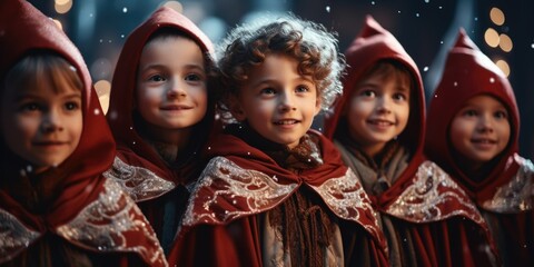 A group of children in festive costumes performing a holiday play. winter, new year, Christmas.