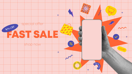 Shop online or delivery service banner concept in bright trendy colors with collage hands holding phone. vector illustration - obrazy, fototapety, plakaty