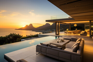 Fototapeta premium Contemporary Masterpiece: Captivating View of a Modern Villa, Expanding the Boundaries of Luxury Living with its Open-Concept Layouts
