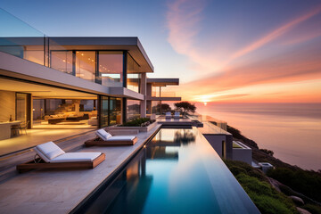 Fototapeta premium Contemporary Masterpiece: Captivating View of a Modern Villa, Expanding the Boundaries of Luxury Living with its Open-Concept Layouts