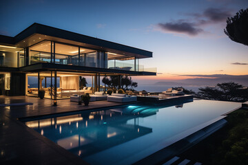 Fototapeta premium Contemporary Masterpiece: Captivating View of a Modern Villa, Expanding the Boundaries of Luxury Living with its Open-Concept Layouts