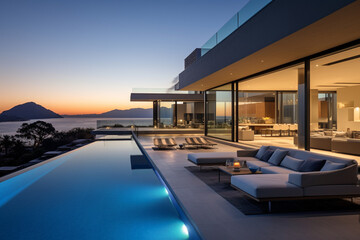 Fototapeta premium Contemporary Masterpiece: Captivating View of a Modern Villa, Expanding the Boundaries of Luxury Living with its Open-Concept Layouts