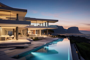 Fototapeta premium Contemporary Masterpiece: Captivating View of a Modern Villa, Expanding the Boundaries of Luxury Living with its Open-Concept Layouts