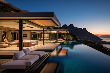 Fototapeta premium Contemporary Masterpiece: Captivating View of a Modern Villa, Expanding the Boundaries of Luxury Living with its Open-Concept Layouts