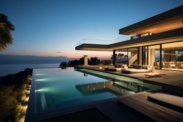 Fototapeta premium Contemporary Masterpiece: Captivating View of a Modern Villa, Expanding the Boundaries of Luxury Living with its Open-Concept Layouts