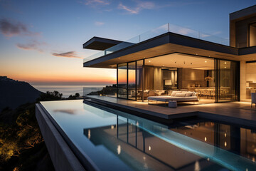 Fototapeta premium Contemporary Masterpiece: Captivating View of a Modern Villa, Expanding the Boundaries of Luxury Living with its Open-Concept Layouts