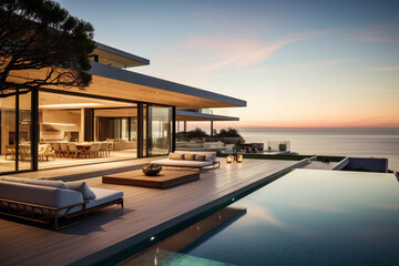 Fototapeta premium Contemporary Masterpiece: Captivating View of a Modern Villa, Expanding the Boundaries of Luxury Living with its Open-Concept Layouts