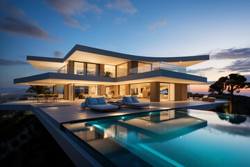 Fototapeta premium Contemporary Masterpiece: Captivating View of a Modern Villa, Expanding the Boundaries of Luxury Living with its Open-Concept Layouts