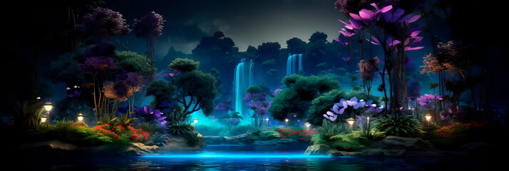 serene botanical garden at night, where bioluminescent plants and flowers emit soft, soothing glows.